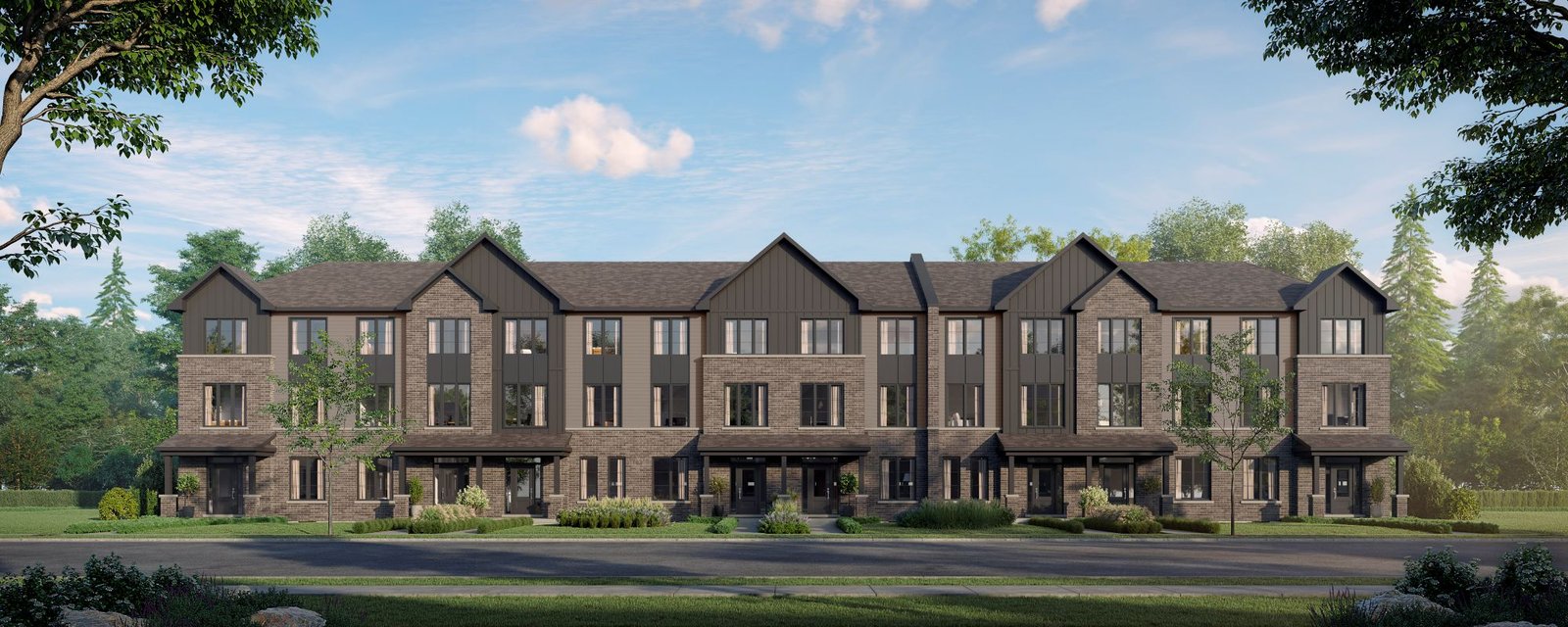 Front view of Rear Lane townhomes at Creekview Collective Milton.
